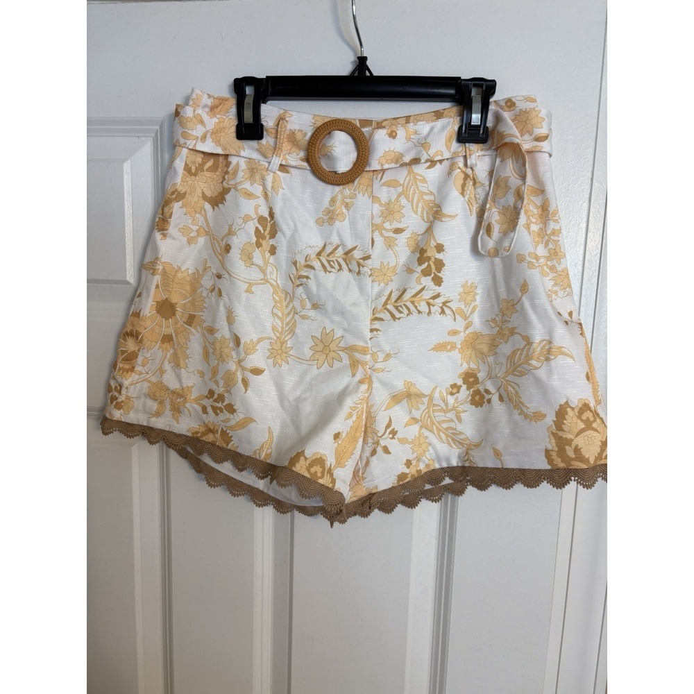 Anewsta Yellow Floral Print High Waisted Scalloped Shorts, Small-4